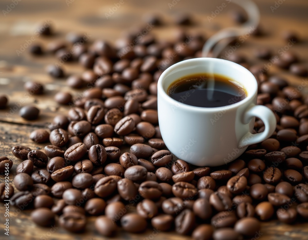 Fototapeta premium a close up of coffee beans beside pale red cells, symbolic anemia avoid coffee intake, realistic natural food photography, rustic warm daylight background kitchen setting.