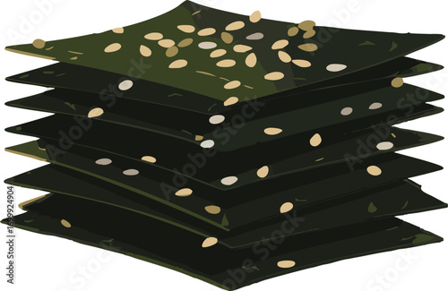 Stack of dried seaweed nori sheets sesame seeds healthy Asian snack food ingredient layers