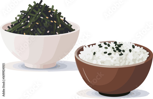 Shredded seaweed salad with rice bowl Korean style healthy vegetarian meal preparation