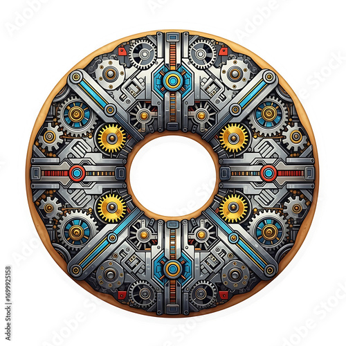 Steampunk donut isolated on transparent background featuring intricate gears and metallic accents, a fusion of food and technology
