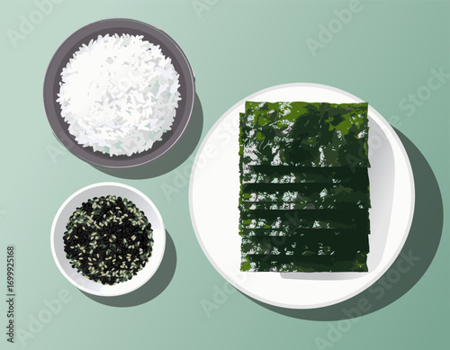 Seaweed nori sheets with rice and shredded seaweed salad Asian healthy vegetarian meal snack