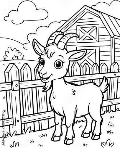 Cute cartoon goat standing in front of a rustic wooden fence and barn