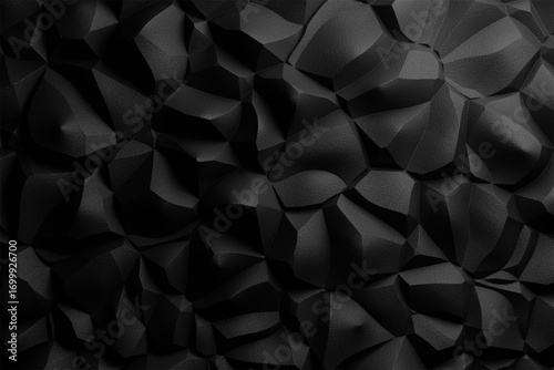 Abstract dark background featuring a modern, jagged, crumpled, polygonal surface with intricate shadows and deep textures, creating a mysterious and dynamic visual composition