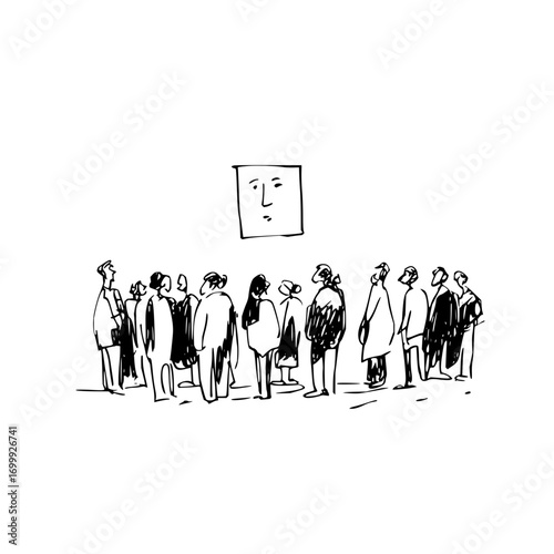 Art gallery exhibition crowd sketch people drawing artwork face square minimalist contemporary illustration