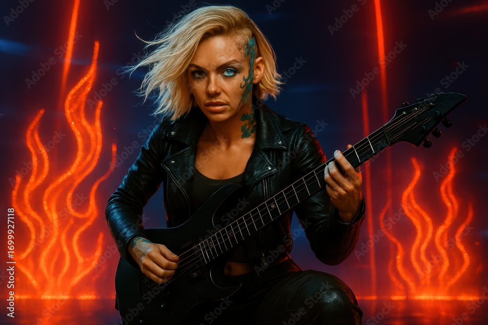 Obraz premium Female guitarist with electric guitar and blue glowing tattoo