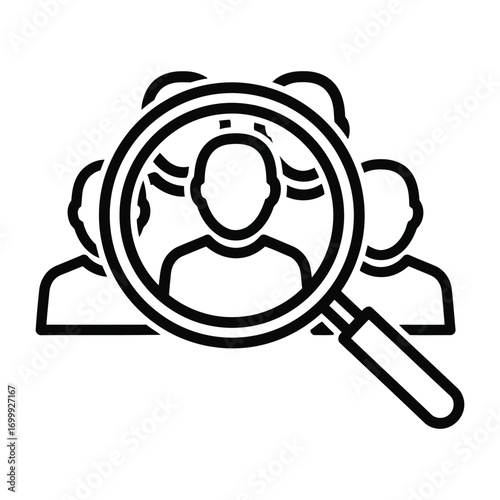 Magnifying glass over group of people icon for candidate search and recruitment process white background