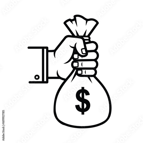 Hand grasping full money bag with dollar sign symbolizing wealth and financial success white background