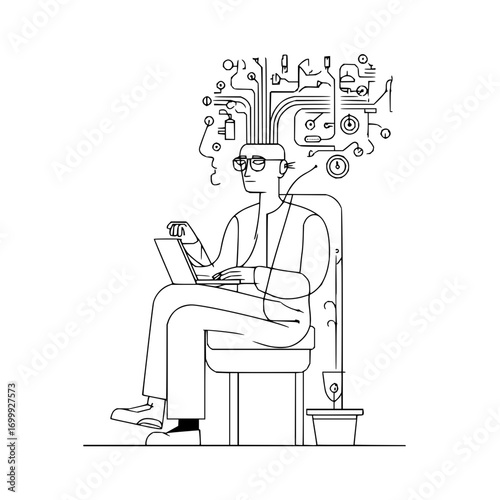 Man sitting on chair with laptop and complex wiring above head in a black and white line drawing style