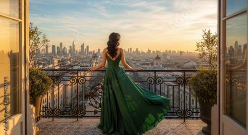 A person in a flowing green dress stands on an ornate balcony looking out at a sprawling city skyline under a warm hazy sky at dusk