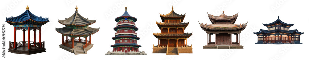 Fototapeta premium Traditional Chinese architecture set including pagodas, pavilions, tiered towers, and ornate temple structures isolated. Cultural and historical building elements.