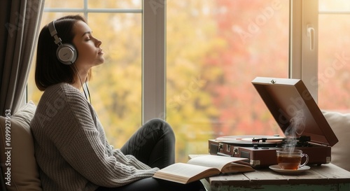 A person in headphones rests by a window with closed eyes near a record player an open book and a steaming cup of tea autumn trees are visible outside