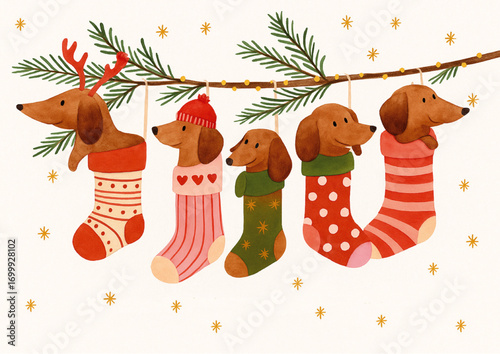 HOLIDAY DACHSHUNDS INSIDE CHRISTMAS SOCKS CUTE ILLUSTRATION