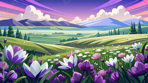 Wonderful panoramic view of rolling grassland, blanketed by purple and white blossoms. Close-up framing reveals delicate veins of petals, capturing the tender balance of color, light, and serene wilde