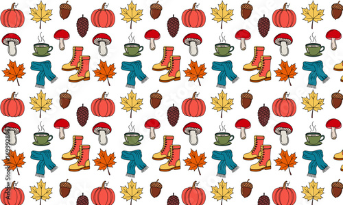 Vector Autumn Pattern Set: Pumpkin, Mushrooms, and Leaves