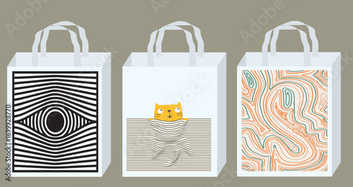 Set of blank and graffiti print tote bags, ideal for branding, fashion, and streetwear design mockups. 