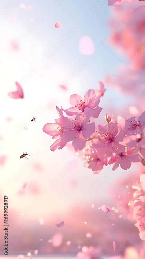 Fototapeta premium Delicate pink blossoms, petals falling in soft sunlight