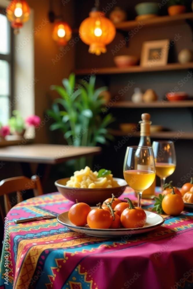 Fototapeta premium Empty festive table, vibrant Mexican decor, blurred background, stock photo, food, drink