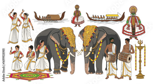 A vibrant collection of traditional Kerala cultural elements including decorated elephants, Kathakali dancers, snake boats, and musicians.