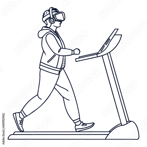 Dynamic individual immersed in virtual reality while actively exercising on a modern treadmill, merging fitness with cutting-edge technology for an engaging workout experience