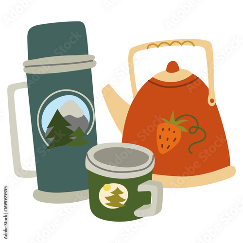 Thermos group, iron mug, kettle. Flat color illustration with insulation. Necessary item for camping. Utensils storing, heating water. Hot tea, water, broth. Design postcards. Picnics, hikes, camping