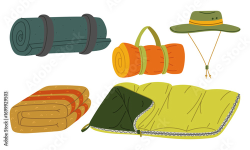Camping items set. Flat color illustration with insulation. Camping mat, blanket roll, folded, sleeping bag, panama hat. Bright tent items. Design for postcards. Picnics, hiking, camping