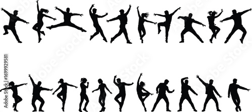 Dynamic group of diverse people dancing, jumping, celebrating, silhouette style, energetic movement,