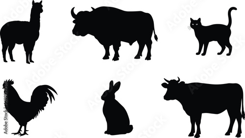 Silhouette of farm and domestic animals on white background, includes cat, cow, bull, rabbit, rooster, alpaca, livestock icons