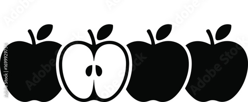 A symbolic representation of fruit with three whole apples and one apple cut in half showcasing its core and seeds arranged in a horizontal line
