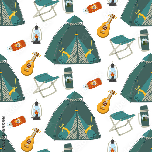 Camping accessories pattern with a tent. Tent, lamp, mosquito spray, folding chair, guitar, thermos. Flat color seamless texture. Bright travel items. Packaging design. Picnics, hiking, camping