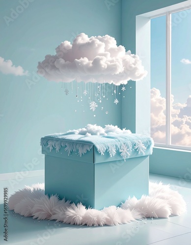 A December present, a snow cloud above a large frozen box