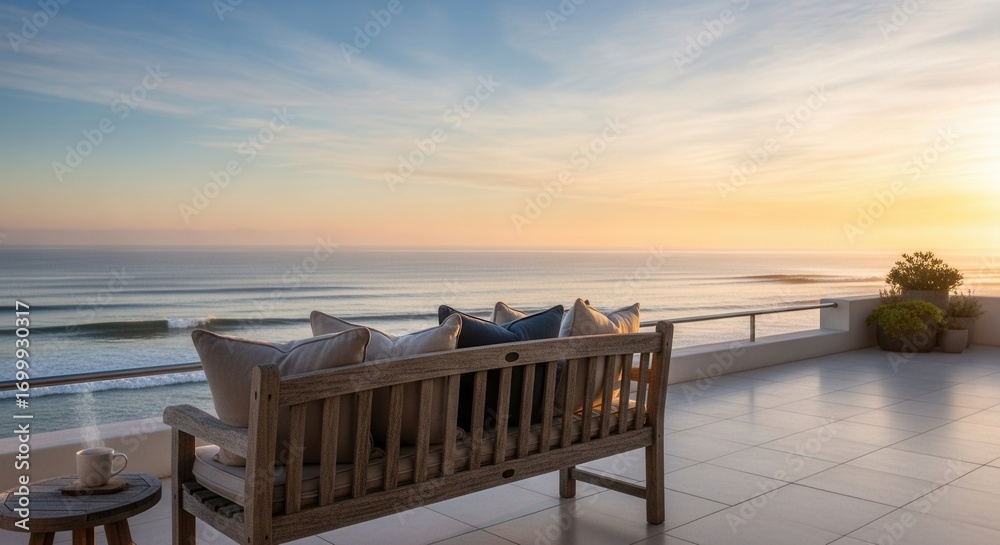 Obraz premium A serene outdoor patio features a wooden bench with cushions and a steaming cup on a small table overlooking a calm ocean at sunrise
