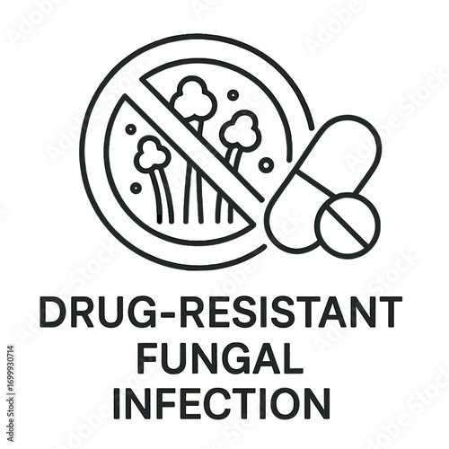 Line icon of pills and fungus with prohibition sign representing drug-resistant fungal infection