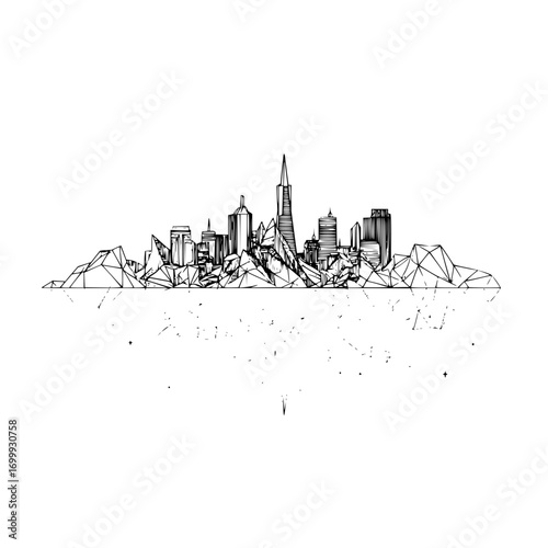 Stylized cityscape illustration featuring geometric mountains and tall buildings in a linear black and white design