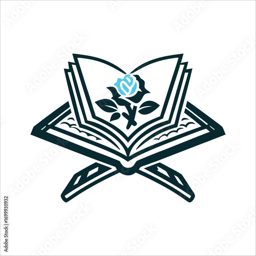 Stylized Quran with Rose for Islamic Holidays Prophets Birthday Open book Quran with a stylised rose at its center
