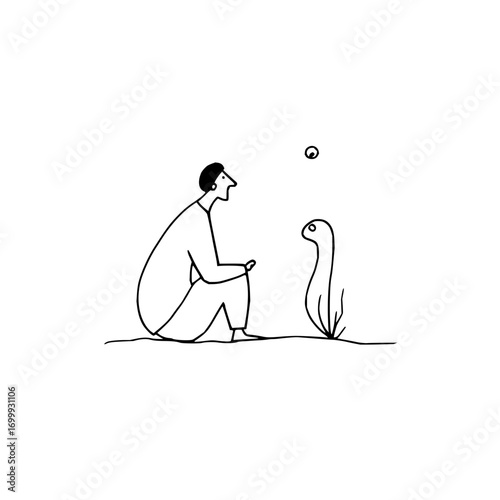 A person seated looks up at a floating object and a plant with a face in a minimalist style drawing