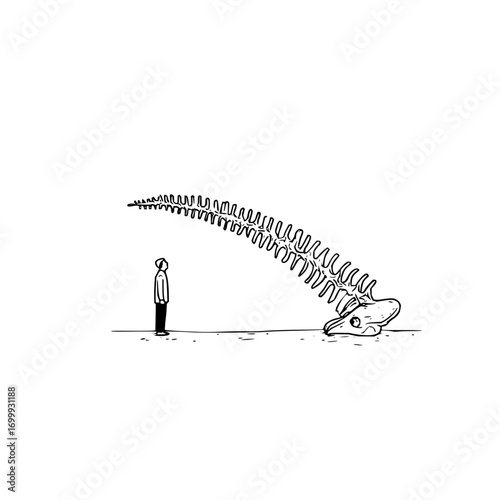 A person stands looking up at a large dinosaur skeleton fossil with a long curving spine on a white background