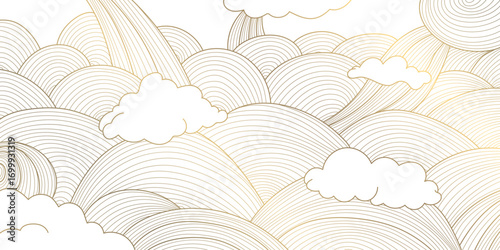 Abstract vector background, soft wavy lines, golden ornaments, flowing oriental patterns, Japanese and Chinese art. Elegant minimal style, luxury design, posters, frames
