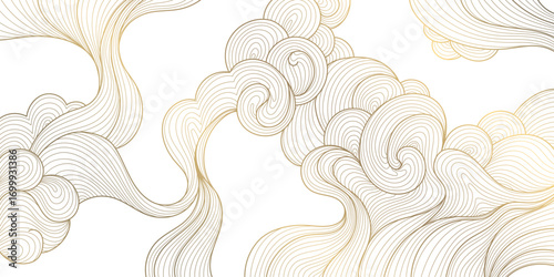 Abstract vector background, soft wavy lines, golden ornaments, flowing oriental patterns, Japanese and Chinese art. Elegant minimal style, luxury design, posters, frames