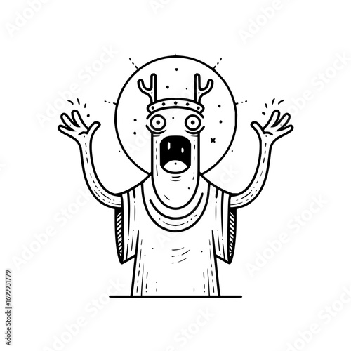 A cartoonish figure with a surprised expression wearing a robe and antlers against a circular backdrop