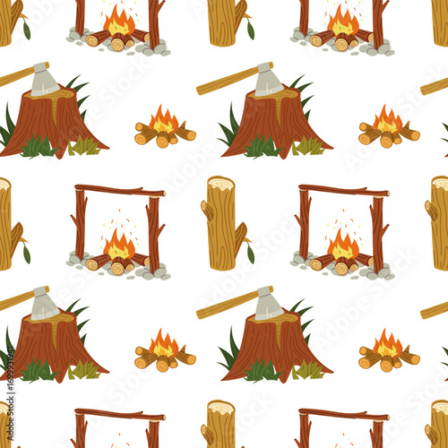 Pattern of items for building a campfire. Flat colored seamless texture. Stump, log, campfire, cooking sticks. Necessary for outdoor recreation. Design for packaging. Picnic, camping, walking