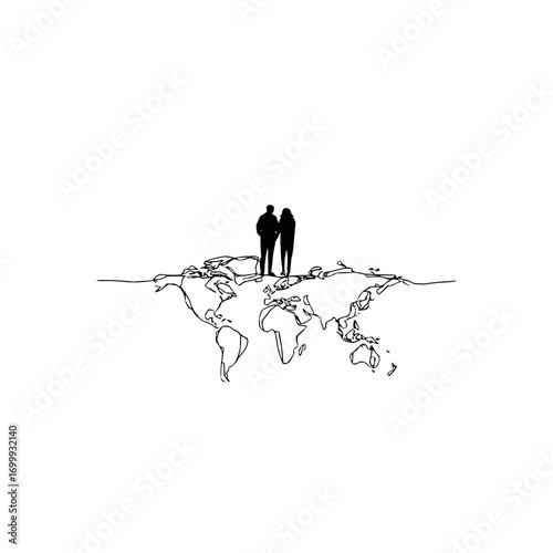 A couple standing on a world map outline in black and white minimalist design showing global connection and travel
