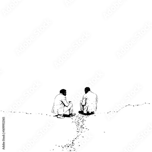 Two men in suits sitting on a ledge in black and white conversing with each other in a minimalist scene