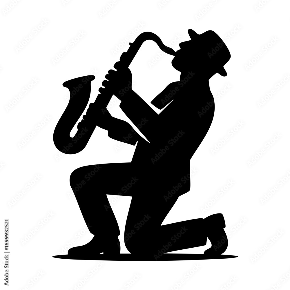 Naklejka premium Silhouette of Jazz Saxophone Player Performing Expressively