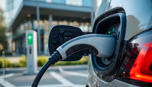 A professional shot of an electric vehicle charger plugged into an EV at a modern charging station, with a blurred glass office building in the background.