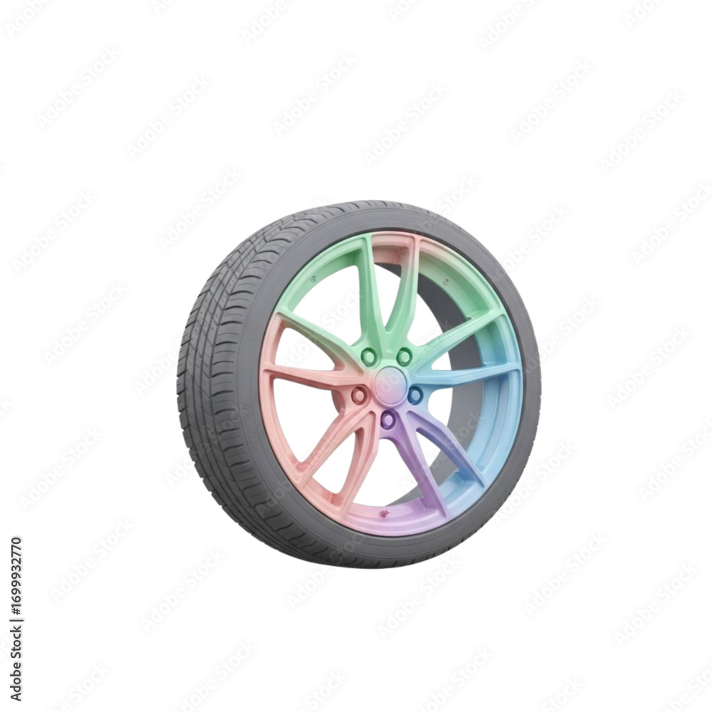 Fototapeta premium Modern car wheel with a gradient of pastel colors on the spokes