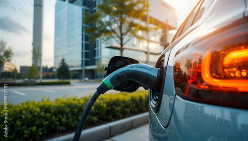 An EV charger is plugged into a car in front of a corporate headquarters, representing a commitment to sustainable business practices and a modern, eco-friendly workplace.