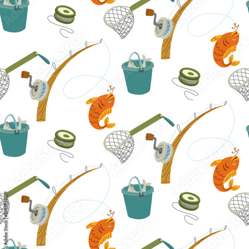 Pattern of outdoor fishing items. Flat color seamless texture. Wooden fishing rod, fishing line reel, fish, bucket, fishing net. Design for packaging. Picnic, camping, walking in the forest