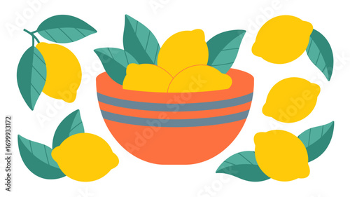 Fresh Lemons in Bowl Vector Illustration with Leaves