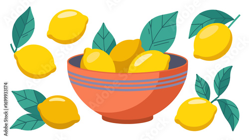 Fresh Lemons in Bowl Vector Illustration with Leaves