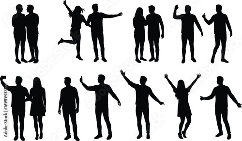 Silhouettes of people in various poses, couples, friends, taking selfies, standing, pointing, waving, happy human interaction vector illustration
